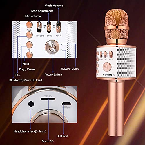 BONAOK Wireless Bluetooth Karaoke Microphone, 3-in-1 Portable Handheld Mic Speaker for All Smartphones,Gifts for Girls Kids Adults All Age Q37(Rose Gold)