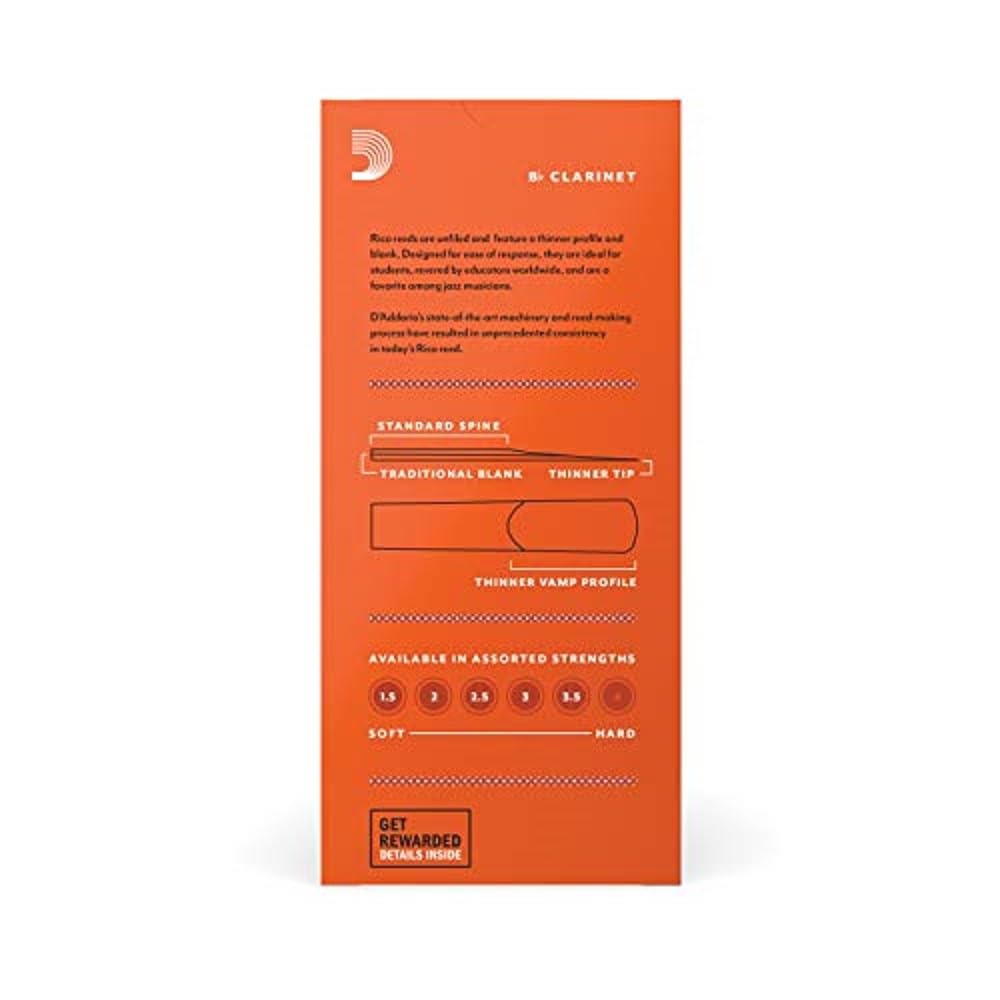 D’Addario Woodwinds - Rico Bb Clarinet Reeds - Reeds for Bb Clarinet - Crafted for Beginners, Students, Educators - Strength 2.5, 10-pack