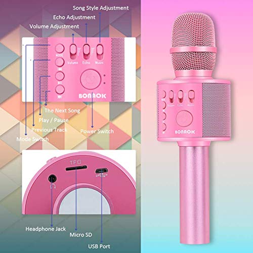 BONAOK Wireless Bluetooth Karaoke Microphone, 3-in-1 Portable Handheld Mic Speaker for All Smartphones,Gifts for Girls Kids Adults All Age Q37(Rose Gold)