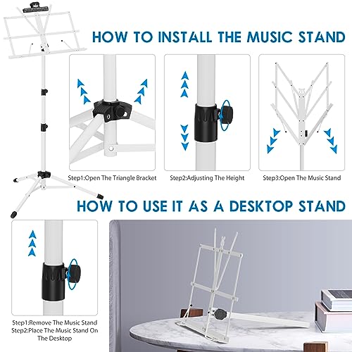 K KASONIC - Music Stand, 2 in 1 Dual-Use Folding Sheet Music Stand & Desktop Book Stand, Portable Lightweight with Music Sheet Clip Holder & Carrying Bag Suitable for Instrumental Performance (Black)