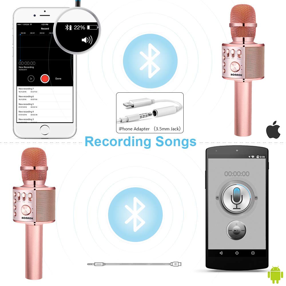 BONAOK Wireless Bluetooth Karaoke Microphone, 3-in-1 Portable Handheld Mic Speaker for All Smartphones,Gifts for Girls Kids Adults All Age Q37(Rose Gold)