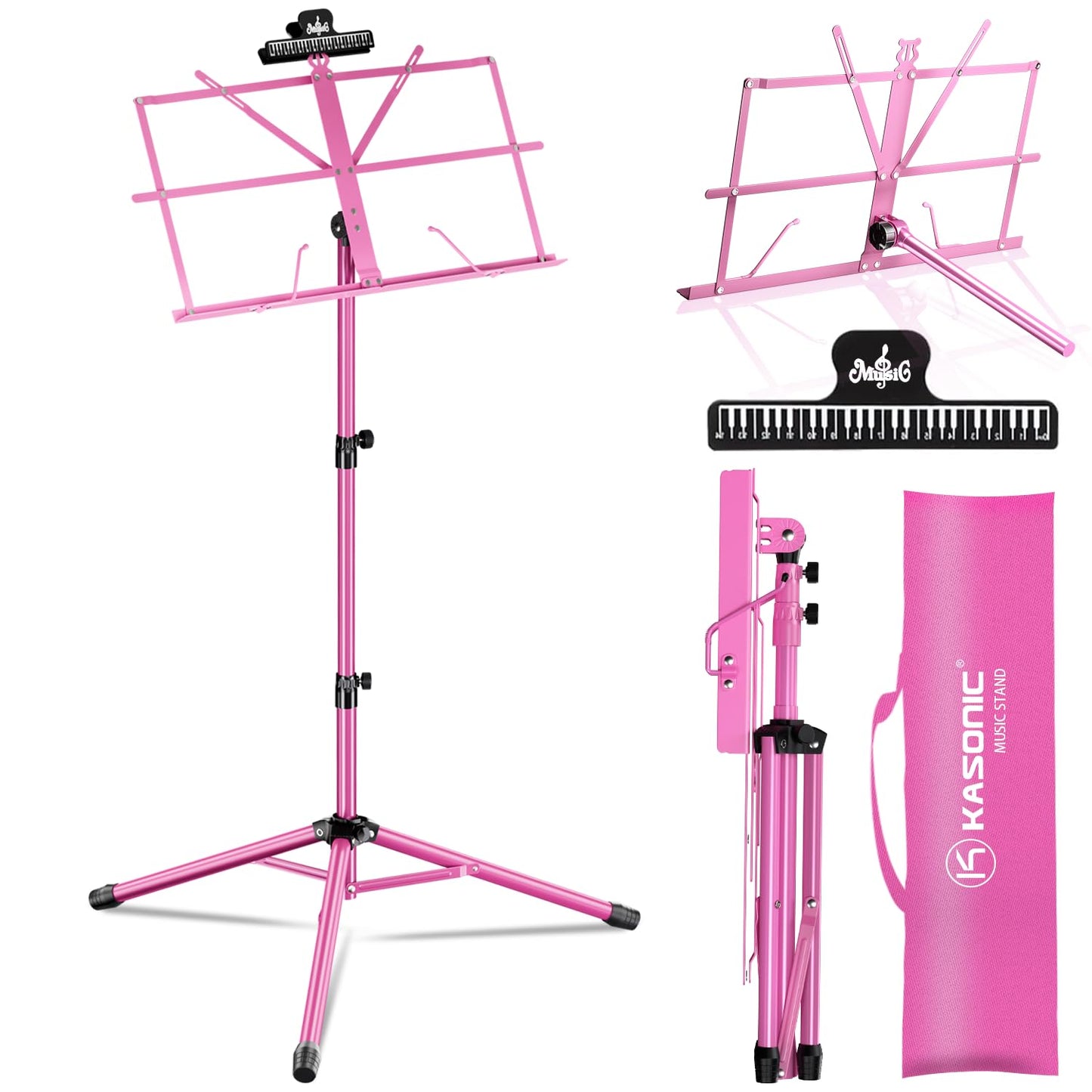 K KASONIC - Music Stand, 2 in 1 Dual-Use Folding Sheet Music Stand & Desktop Book Stand, Portable Lightweight with Music Sheet Clip Holder & Carrying Bag Suitable for Instrumental Performance (Black)