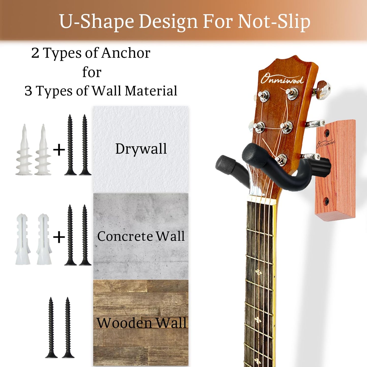 Guitar Wall Mount 2 Pack, Black Walnut Wood Guitar Hanger, U-Shaped Guitar Wall Hanger Mount, Guitar Holder Hook Stand Wall for Acoustic, Electric Guitar, Banjo, Bass, for Guitar Player Men Boy