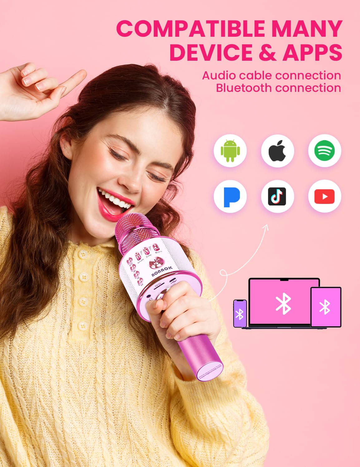 BONAOK Wireless Bluetooth Karaoke Microphone, 3-in-1 Portable Handheld Mic Speaker for All Smartphones,Gifts for Girls Kids Adults All Age Q37(Rose Gold)