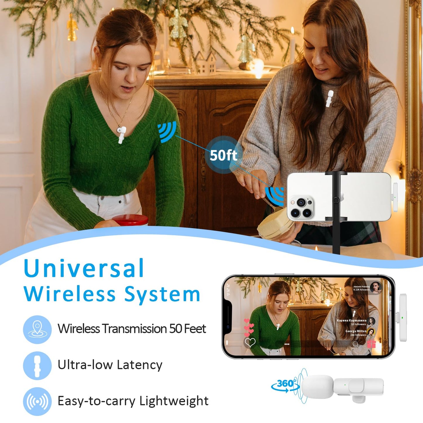 MAYBESTA Professional Wireless Lavalier Lapel Microphone for iPhone, iPad - Cordless Omnidirectional Condenser Recording Mic for Interview Video Podcast Vlog YouTube