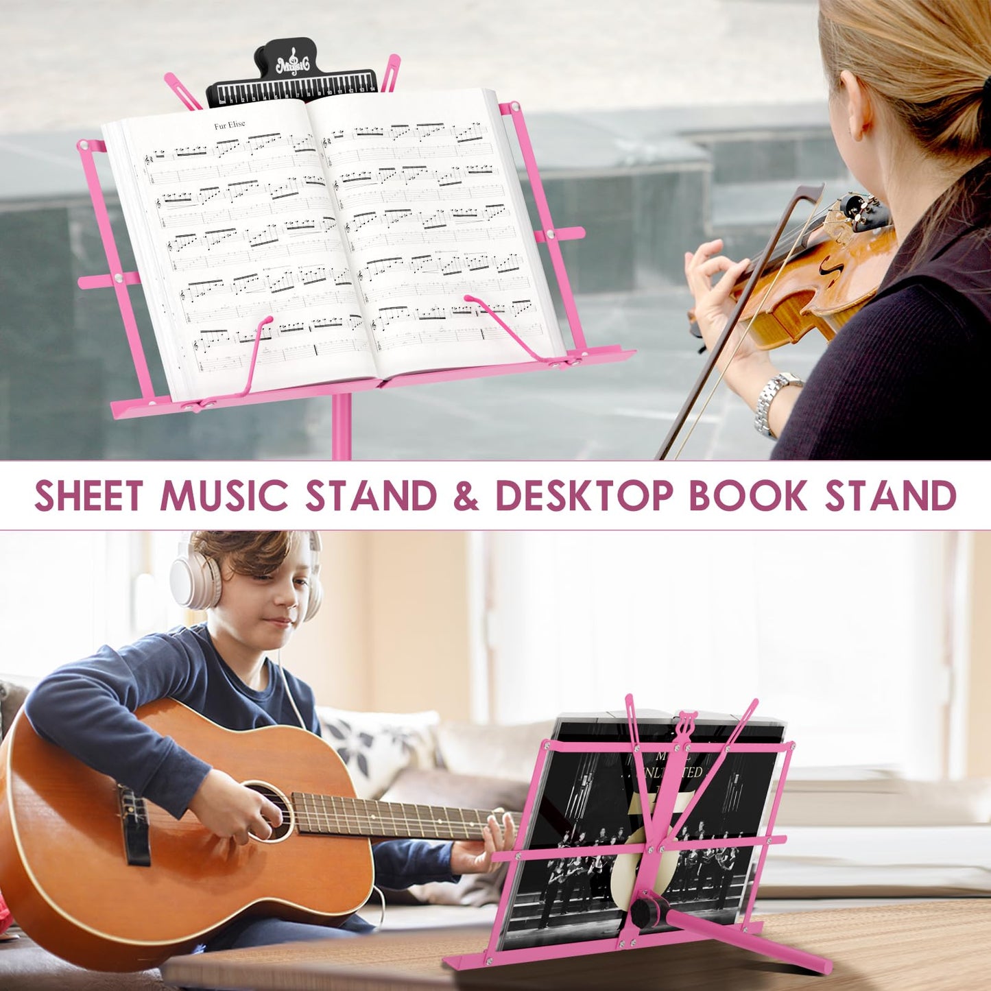 K KASONIC - Music Stand, 2 in 1 Dual-Use Folding Sheet Music Stand & Desktop Book Stand, Portable Lightweight with Music Sheet Clip Holder & Carrying Bag Suitable for Instrumental Performance (Black)