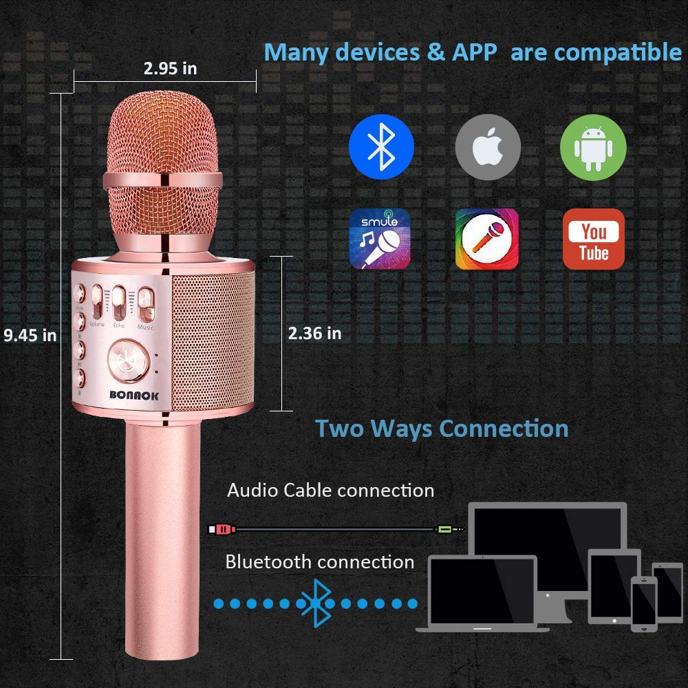 BONAOK Wireless Bluetooth Karaoke Microphone, 3-in-1 Portable Handheld Mic Speaker for All Smartphones,Gifts for Girls Kids Adults All Age Q37(Rose Gold)