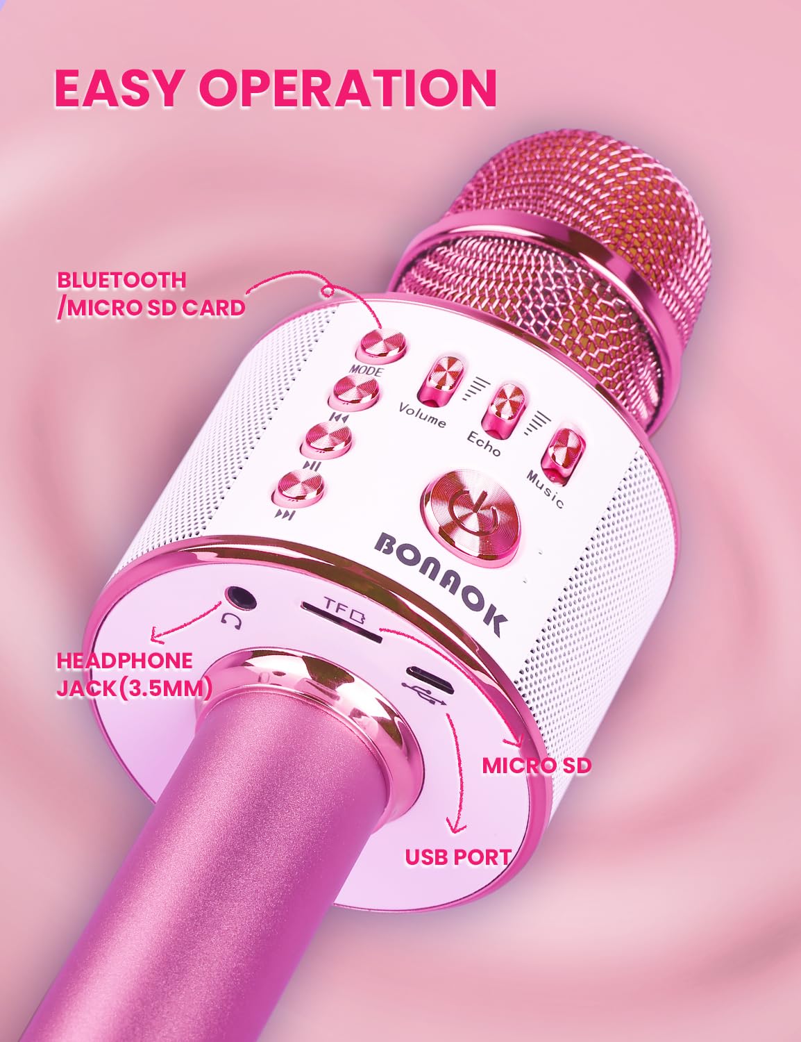 BONAOK Wireless Bluetooth Karaoke Microphone, 3-in-1 Portable Handheld Mic Speaker for All Smartphones,Gifts for Girls Kids Adults All Age Q37(Rose Gold)
