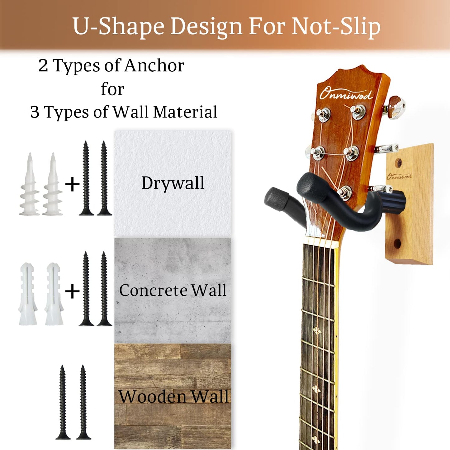 Guitar Wall Mount 2 Pack, Black Walnut Wood Guitar Hanger, U-Shaped Guitar Wall Hanger Mount, Guitar Holder Hook Stand Wall for Acoustic, Electric Guitar, Banjo, Bass, for Guitar Player Men Boy
