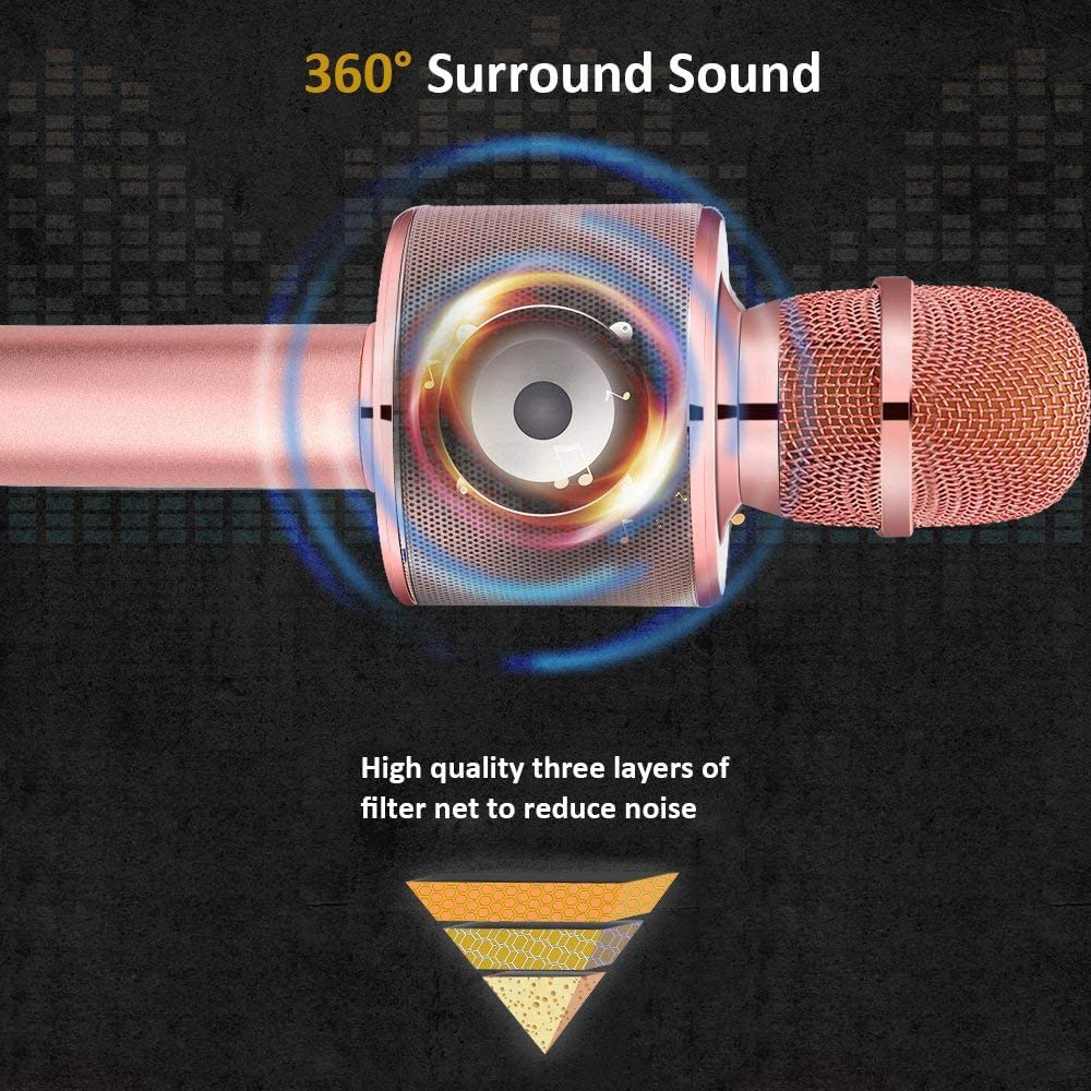 BONAOK Wireless Bluetooth Karaoke Microphone, 3-in-1 Portable Handheld Mic Speaker for All Smartphones,Gifts for Girls Kids Adults All Age Q37(Rose Gold)