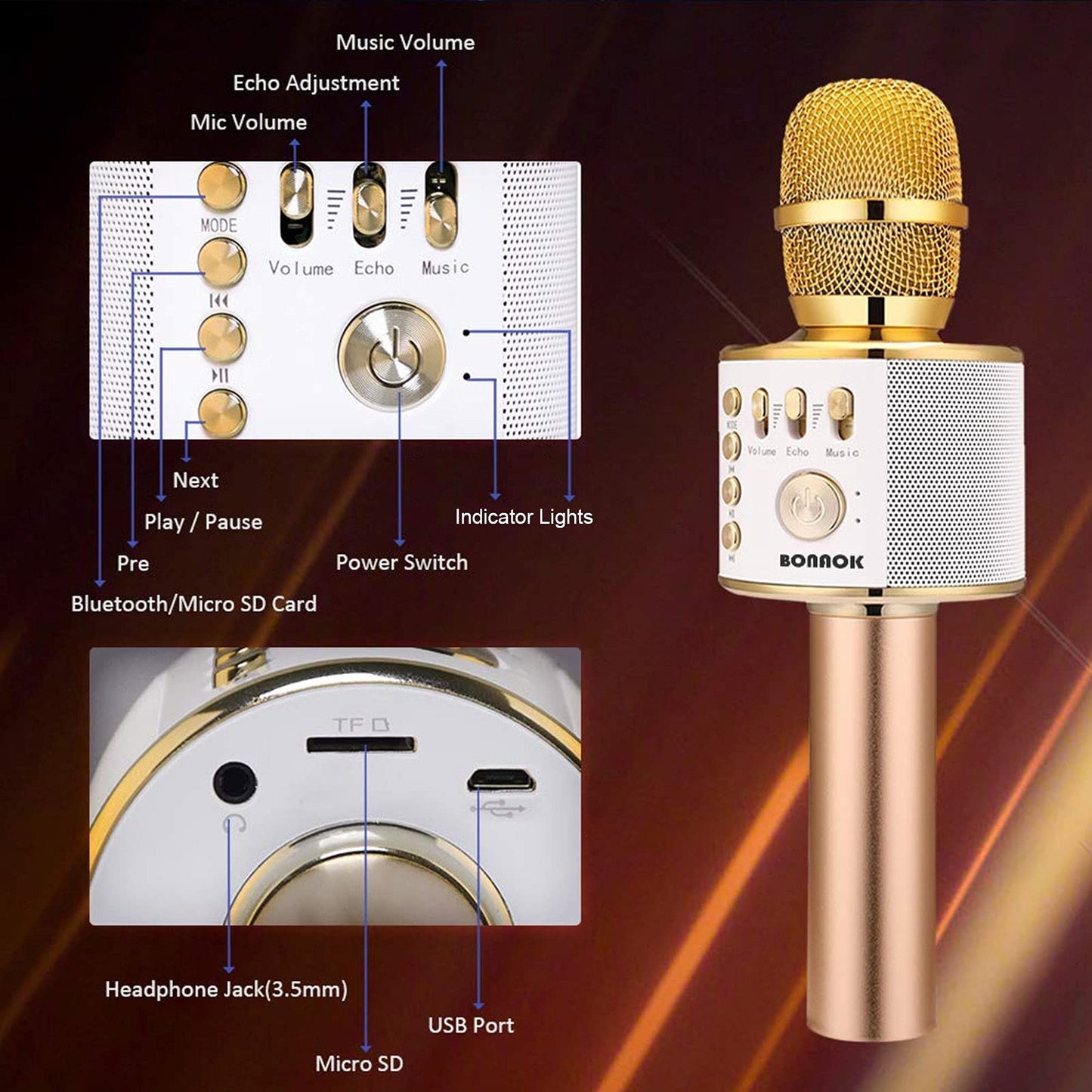 BONAOK Wireless Bluetooth Karaoke Microphone, 3-in-1 Portable Handheld Mic Speaker for All Smartphones,Gifts for Girls Kids Adults All Age Q37(Rose Gold)