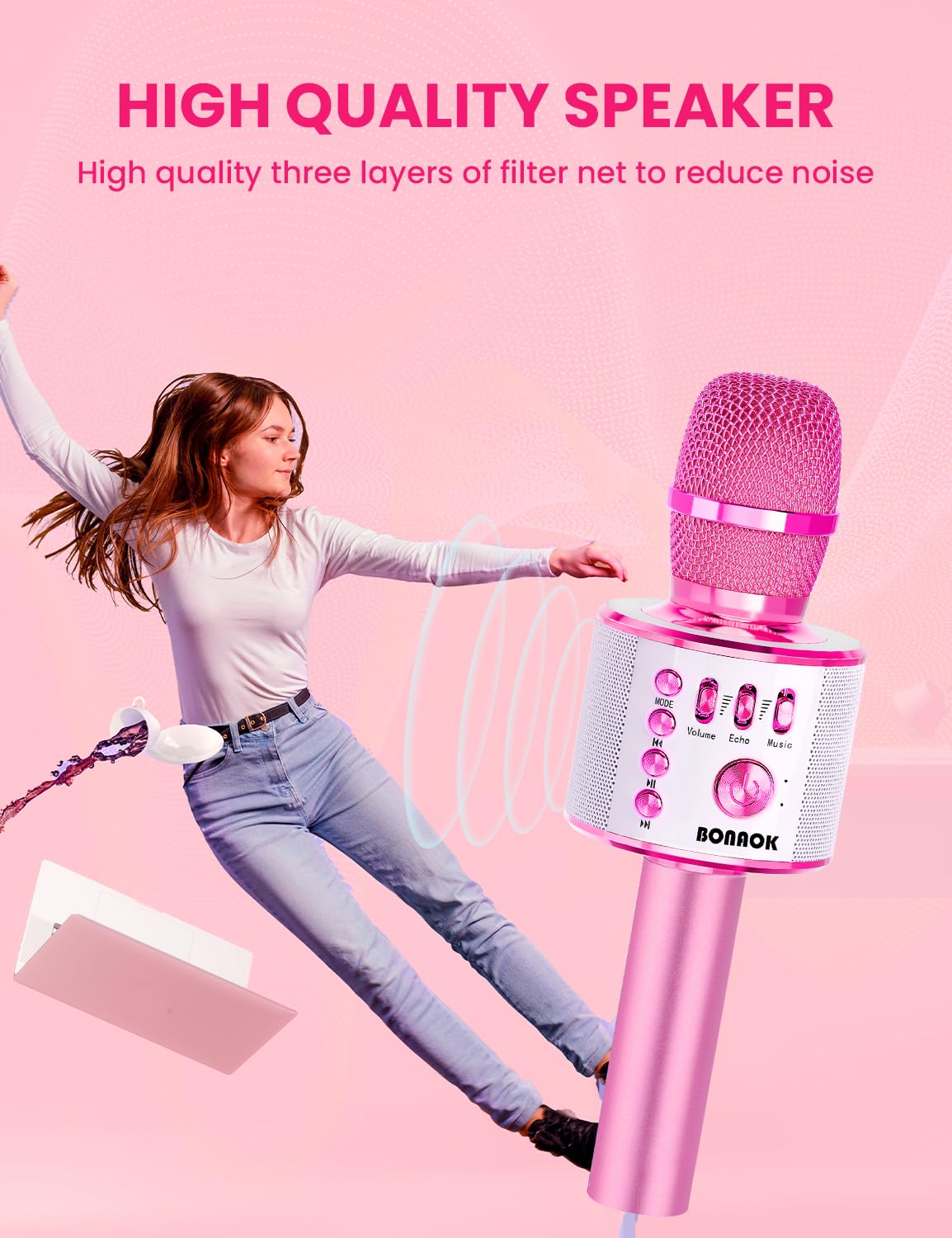 BONAOK Wireless Bluetooth Karaoke Microphone, 3-in-1 Portable Handheld Mic Speaker for All Smartphones,Gifts for Girls Kids Adults All Age Q37(Rose Gold)