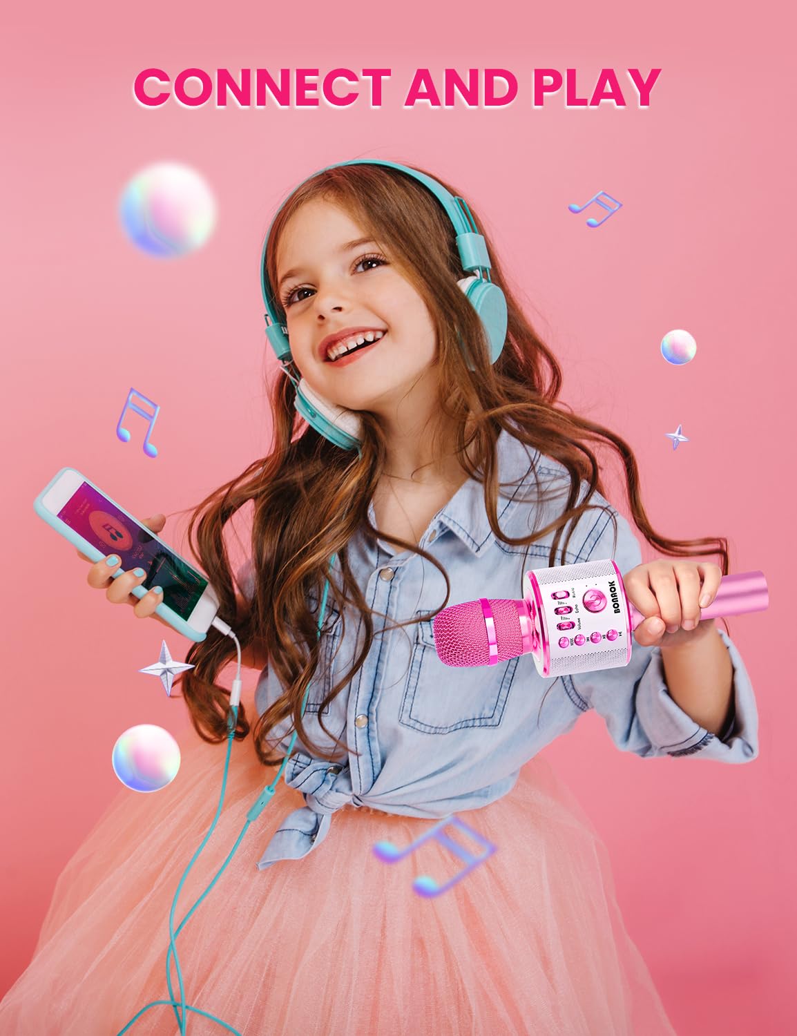 BONAOK Wireless Bluetooth Karaoke Microphone, 3-in-1 Portable Handheld Mic Speaker for All Smartphones,Gifts for Girls Kids Adults All Age Q37(Rose Gold)