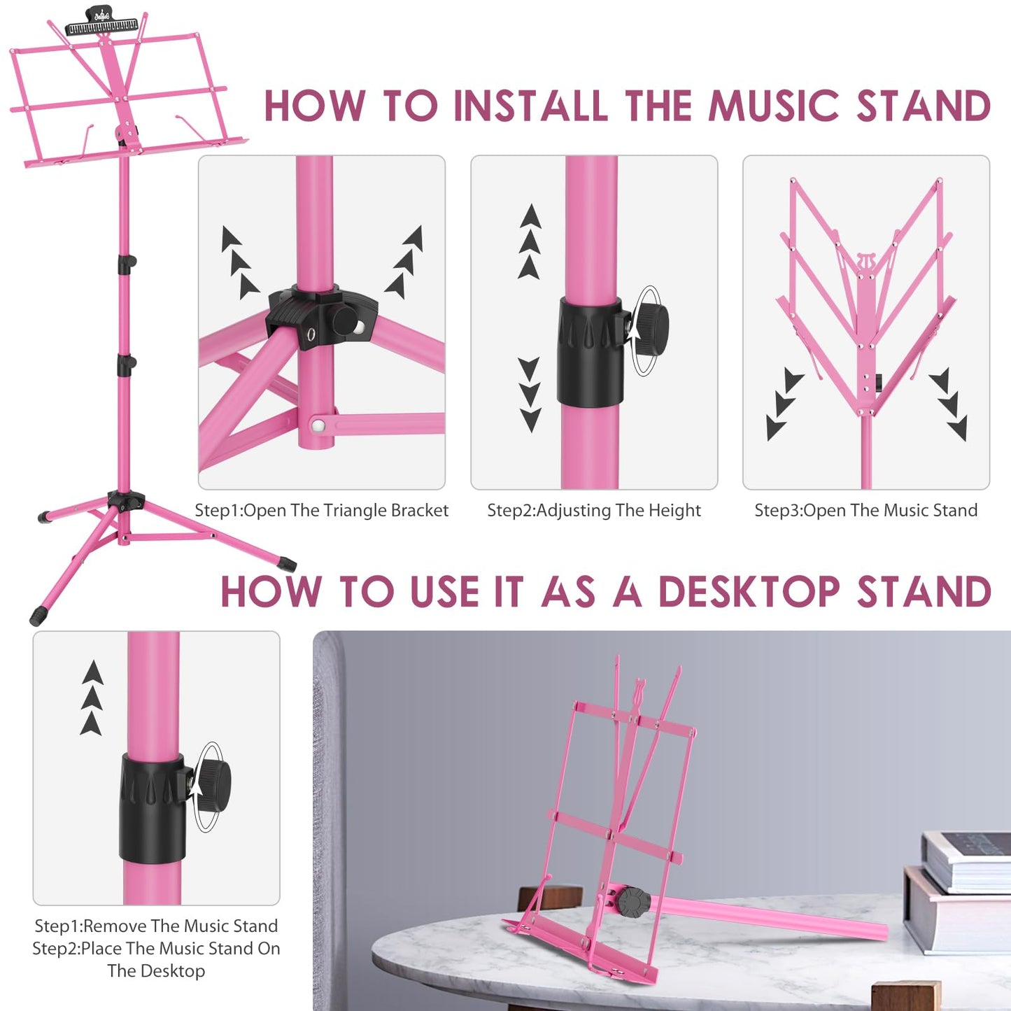 K KASONIC - Music Stand, 2 in 1 Dual-Use Folding Sheet Music Stand & Desktop Book Stand, Portable Lightweight with Music Sheet Clip Holder & Carrying Bag Suitable for Instrumental Performance (Black)