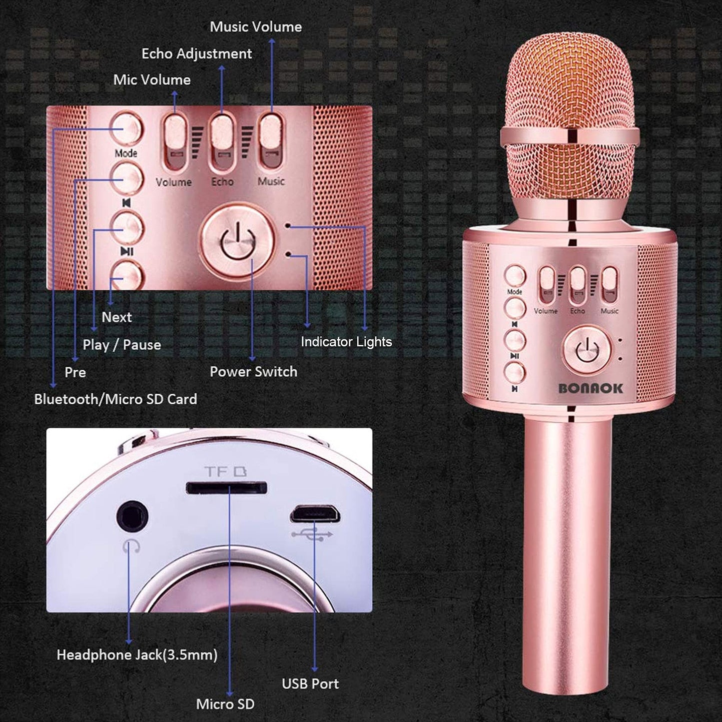 BONAOK Wireless Bluetooth Karaoke Microphone, 3-in-1 Portable Handheld Mic Speaker for All Smartphones,Gifts for Girls Kids Adults All Age Q37(Rose Gold)