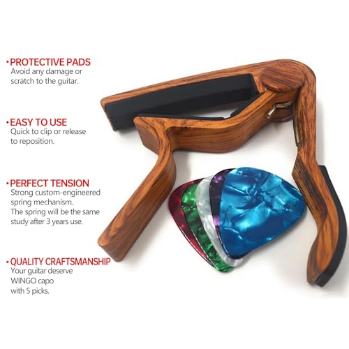 WINGO Guitar Capo for Acoustic and Electric Guitars - Rosewood Color with 5 Picks