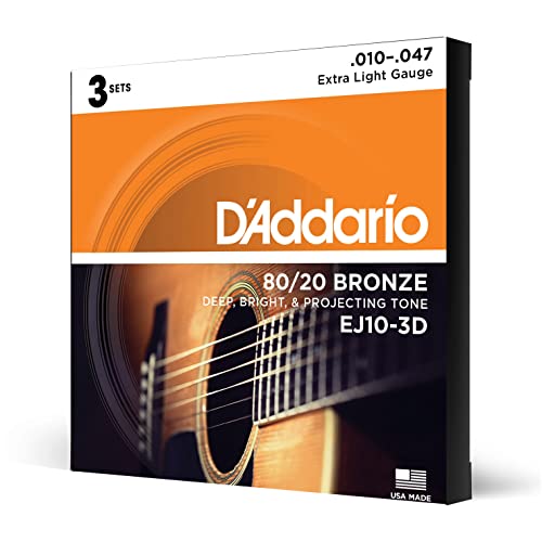 D'Addario Guitar Strings - Acoustic Guitar Strings - 80/20 Bronze - For 6 String Guitar - Deep, Bright, Projecting Tone - EJ11-3D - Light, 12-53 - 3-Pack.