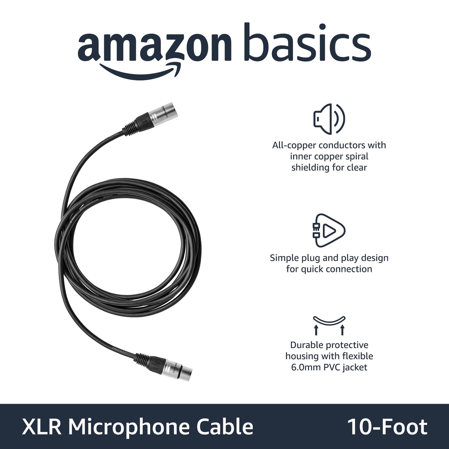 Amazon Basics XLR Microphone Cable for Speaker or PA System, All Copper Conductors, 6MM PVC Jacket, 6 Foot, Black