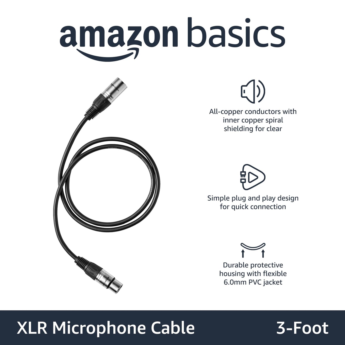 Amazon Basics XLR Microphone Cable for Speaker or PA System, All Copper Conductors, 6MM PVC Jacket, 6 Foot, Black