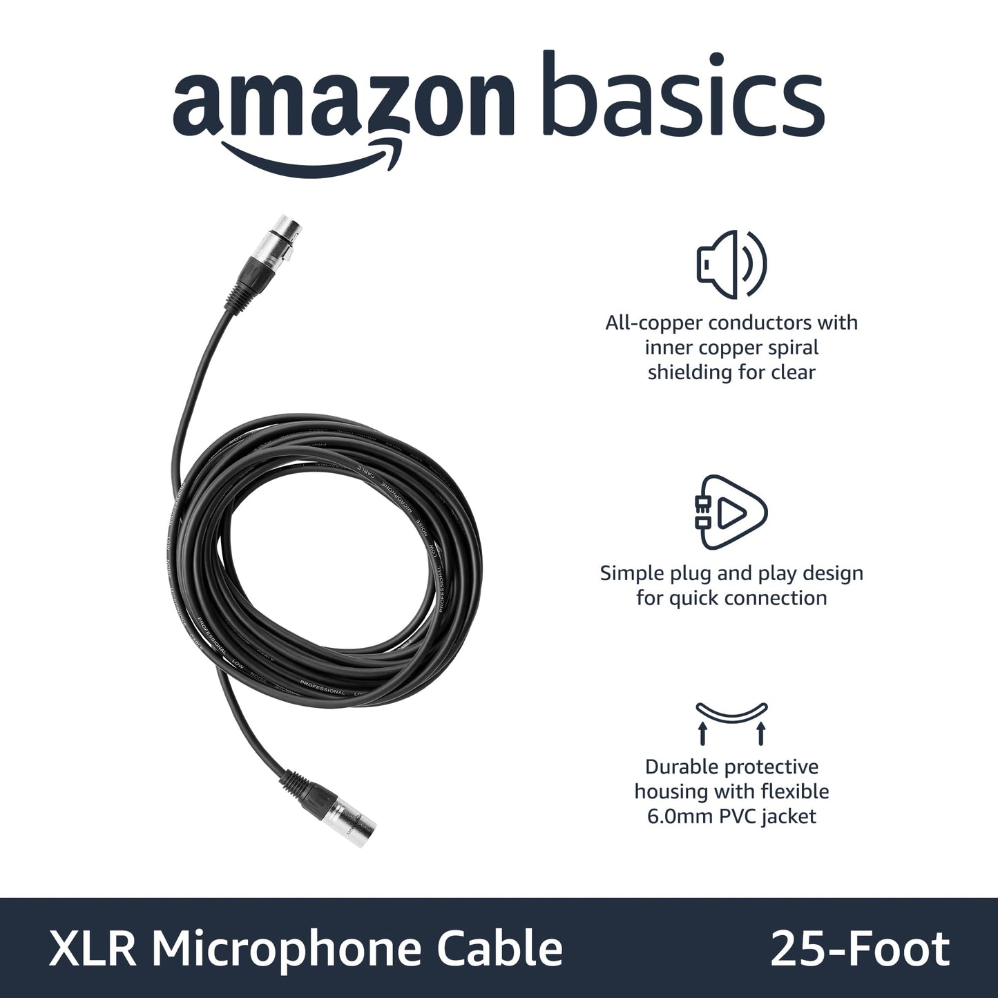 Amazon Basics XLR Microphone Cable for Speaker or PA System, All Copper Conductors, 6MM PVC Jacket, 6 Foot, Black