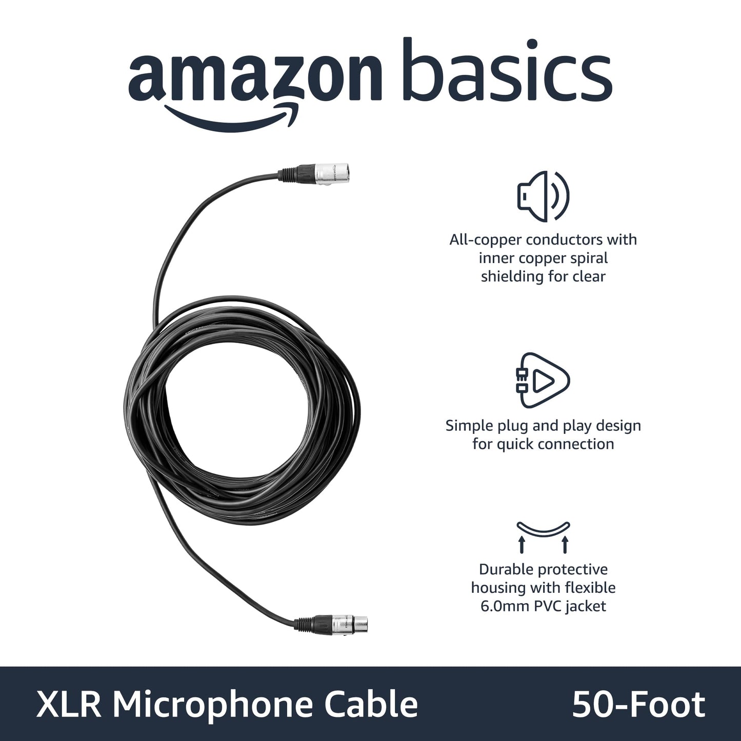 Amazon Basics XLR Microphone Cable for Speaker or PA System, All Copper Conductors, 6MM PVC Jacket, 6 Foot, Black