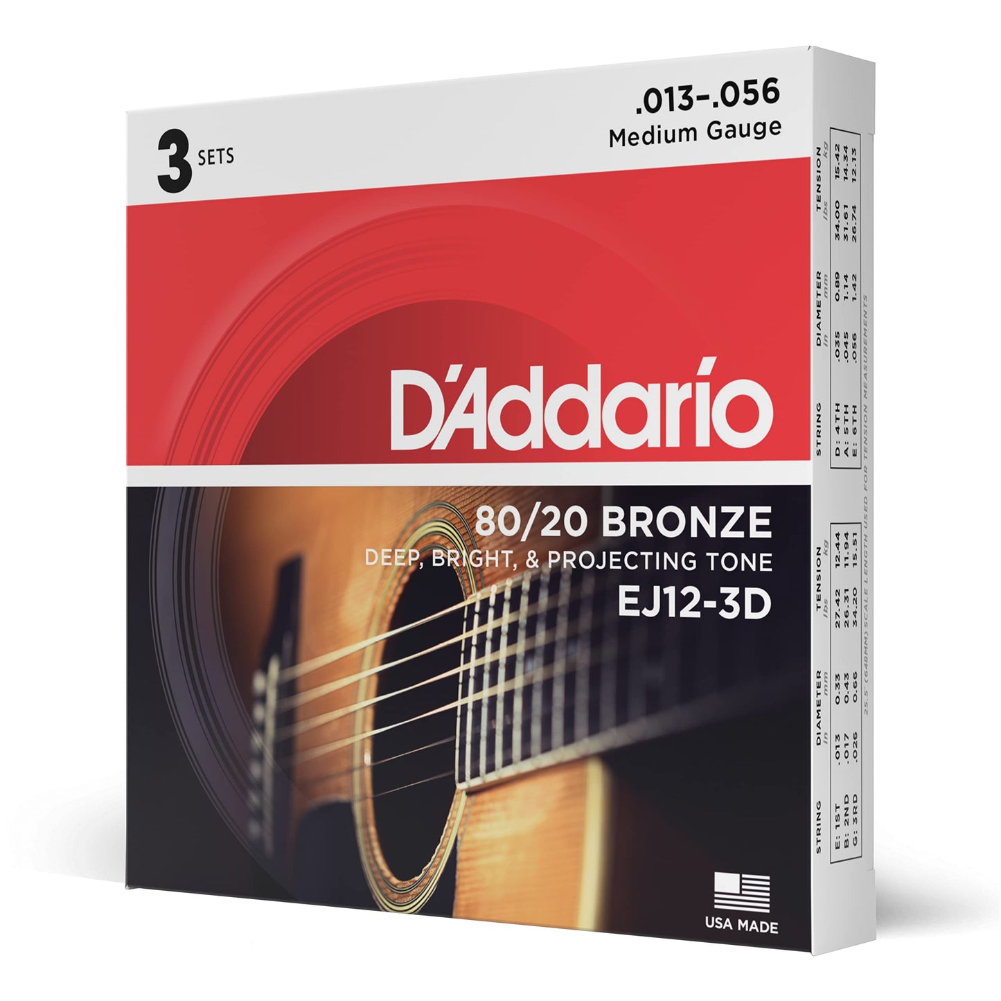 D'Addario Guitar Strings - Acoustic Guitar Strings - 80/20 Bronze - For 6 String Guitar - Deep, Bright, Projecting Tone - EJ11-3D - Light, 12-53 - 3-Pack.