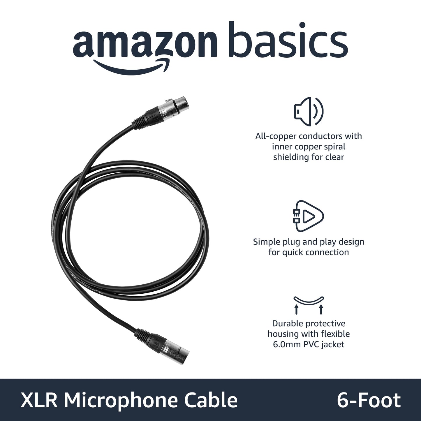 Amazon Basics XLR Microphone Cable for Speaker or PA System, All Copper Conductors, 6MM PVC Jacket, 6 Foot, Black