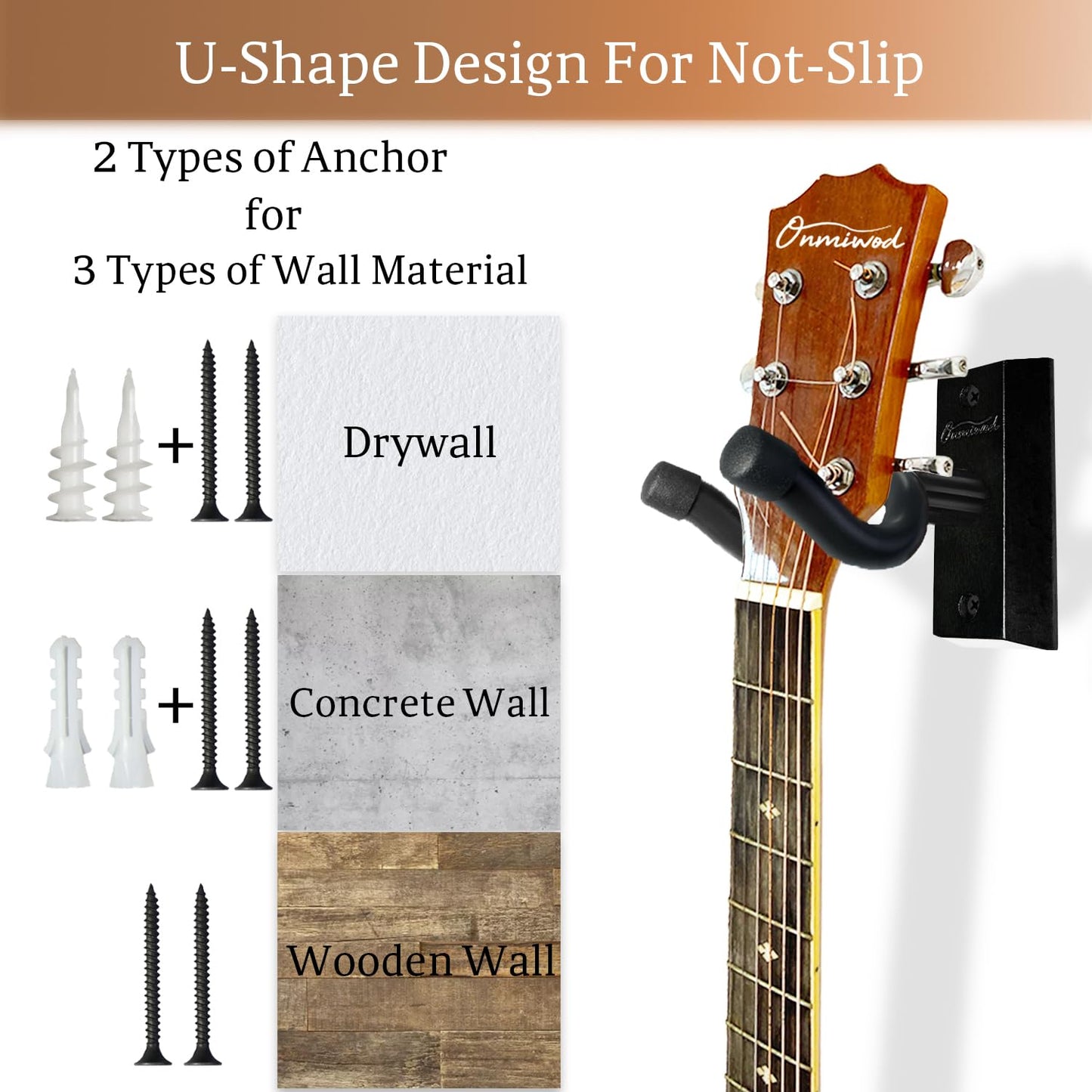 Guitar Wall Mount 2 Pack, Black Walnut Wood Guitar Hanger, U-Shaped Guitar Wall Hanger Mount, Guitar Holder Hook Stand Wall for Acoustic, Electric Guitar, Banjo, Bass, for Guitar Player Men Boy