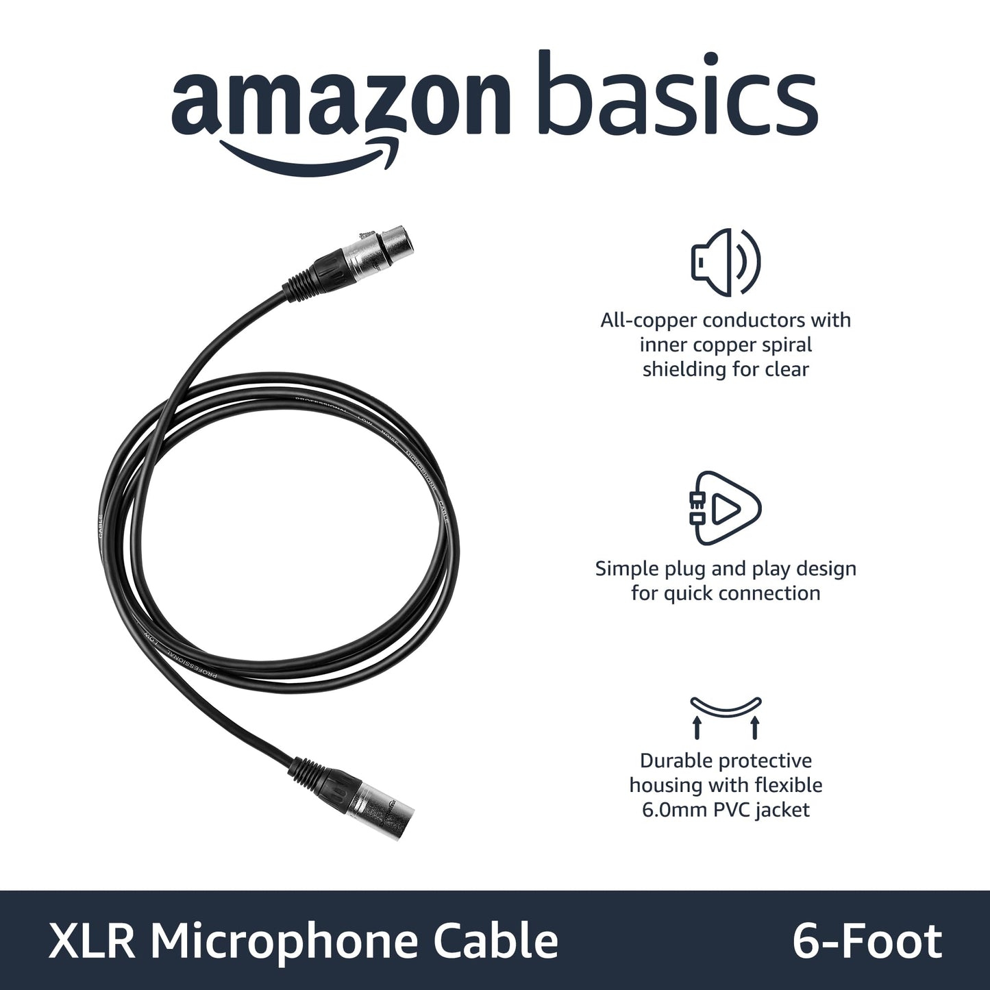 Amazon Basics XLR Microphone Cable for Speaker or PA System, All Copper Conductors, 6MM PVC Jacket, 6 Foot, Black