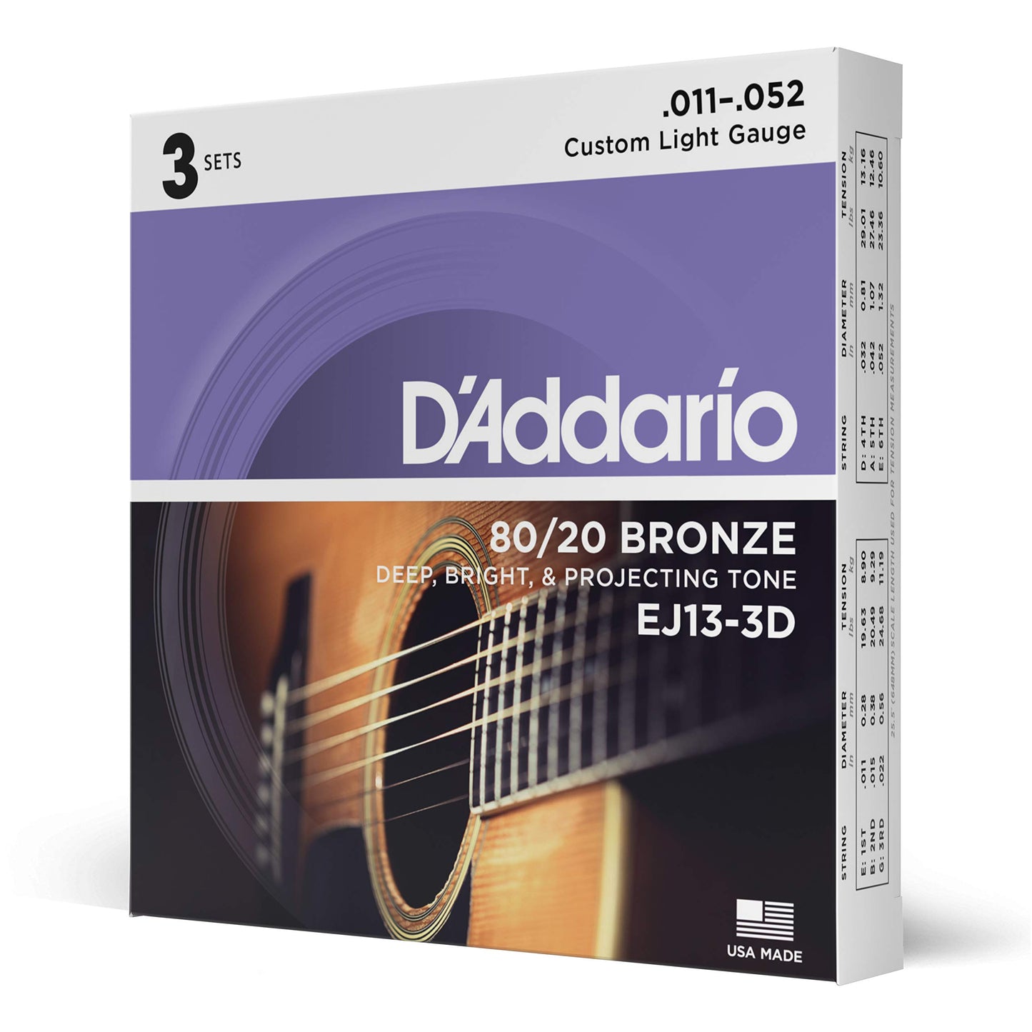 D'Addario Guitar Strings - Acoustic Guitar Strings - 80/20 Bronze - For 6 String Guitar - Deep, Bright, Projecting Tone - EJ11-3D - Light, 12-53 - 3-Pack.